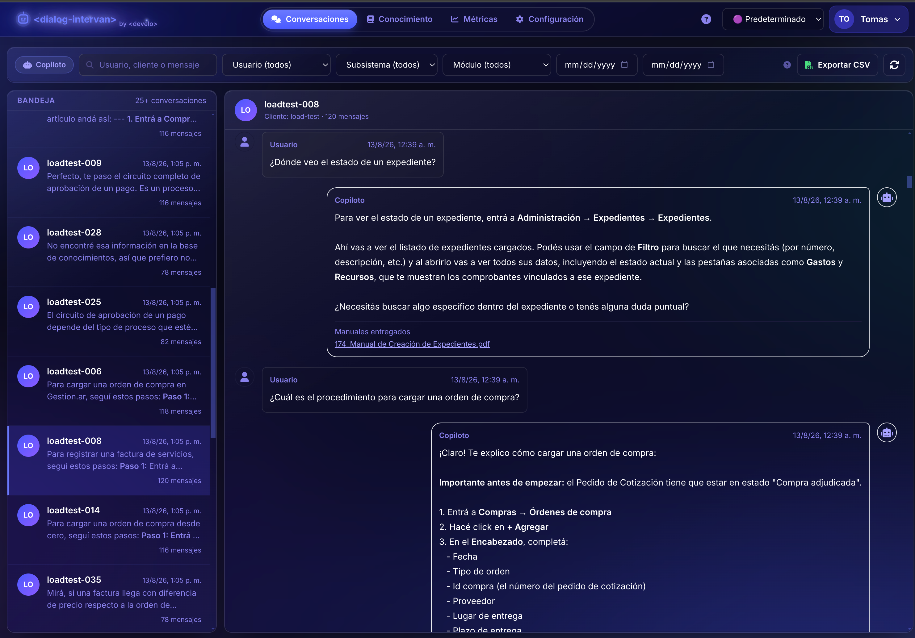 Consola de conversaciones de d-ialog con filtros, respuestas del copiloto y fuentes de conocimiento